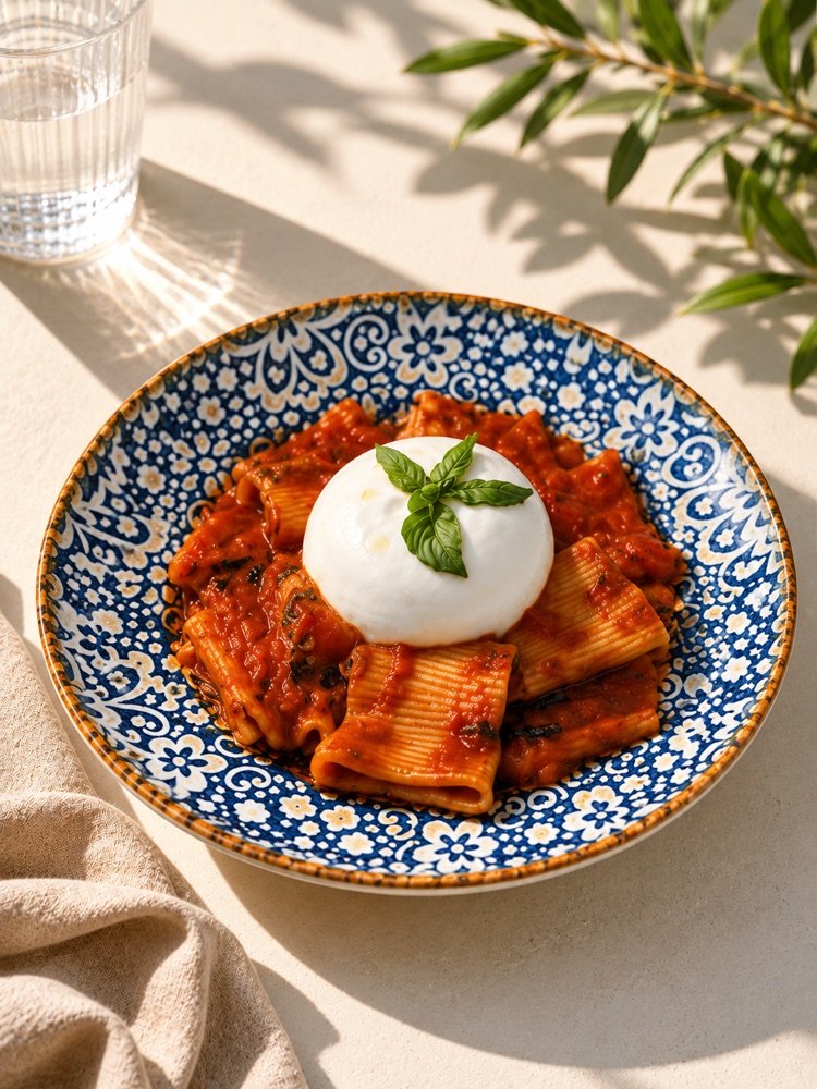 Paccheri Melenzana e Burrata mit cremiger Burrata