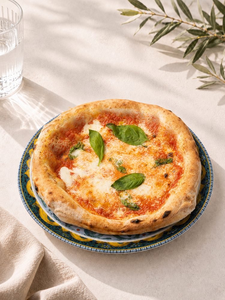 Pizza Margherita mit San-Marzano-Tomaten, Fior di Latte und frischem Basilikum, frisch aus dem Ofen